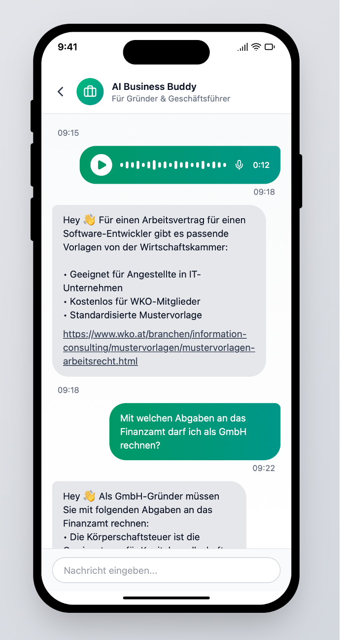 Mockup: Weiterer Beispiel-Chat mit dem Gründerbuddy